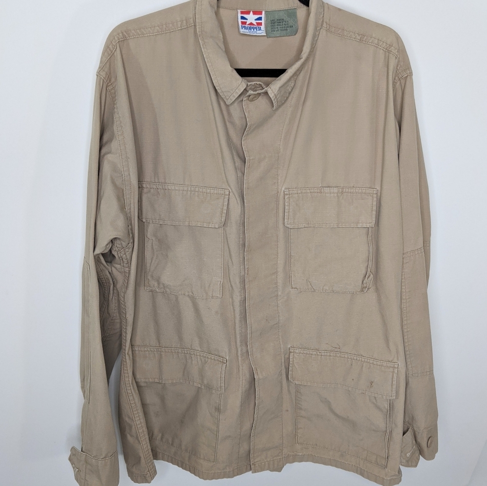 Beige Mens L Tactical Shirt Jacket Distressed